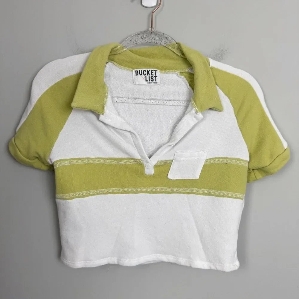 BUCKETLIST | Olive Green and White Cropped Polo Style Shirt Women’s Size Large